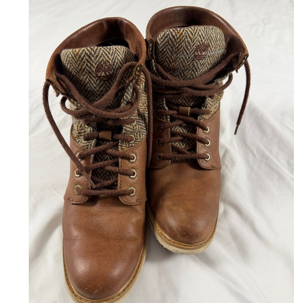 Timberland Womens 8.5 Brown Leather Harris Tweed Herringbone Ankle Boots 8544B